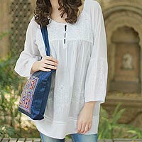 Cotton  blouse, 'Romantic White' - Hand Made Indian Floral Cotton Embroidered Tunic Top