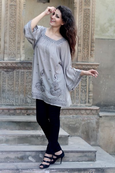 Beaded cotton blouse, 'Romance' - Artisan Crafted Cotton Embroidered and Beaded Blouse Top
