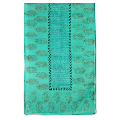 Cotton and silk shawl, 'Story in Turquoise' - India Paisley Cotton Silk Shawl Block Print Wrap