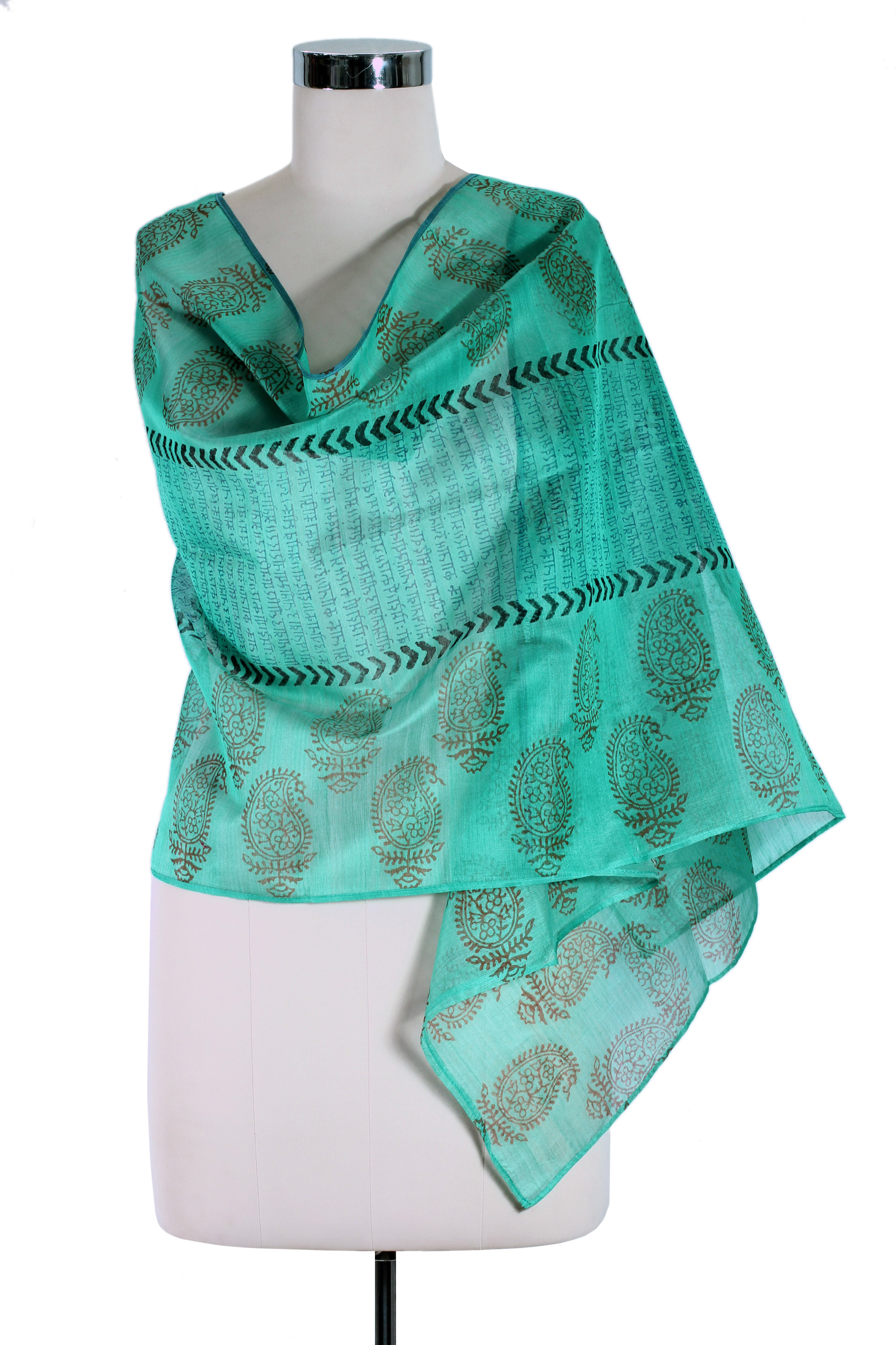 India Paisley Cotton Silk Shawl Block Print Wrap - Story in Turquoise ...