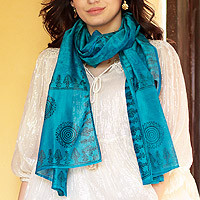 Cotton and silk shawl, 'Turquoise Bihar' - Cotton Silk Blend Wrap Patterned Shawl