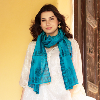 Cotton and silk shawl, 'Turquoise Bihar' - Cotton Silk Blend Wrap Patterned Shawl