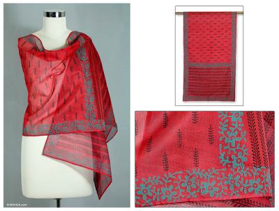 Cotton and silk shawl, 'Blossoming Fire' - Artisan Crafted Women's Shawl Cotton Silk Wrap