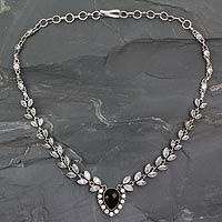 Onyx and quartz Y necklace, 'Midnight Dewdrops'