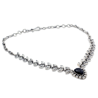 Onyx and quartz Y necklace, 'Midnight Dewdrops' - Onyx and Quartz Y Necklace in Sterling Silver