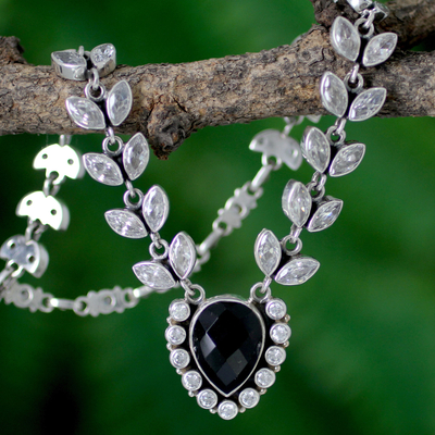 Onyx and quartz Y necklace, 'Midnight Dewdrops' - Onyx and Quartz Y Necklace in Sterling Silver