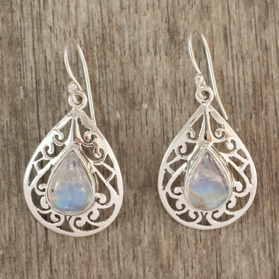 Moonstone dangle earrings, 'Rainbow Teardrops' - Moonstone jewellery Handmade Sterling Silver Earrings