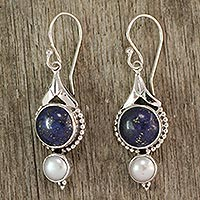 Pearl and lapis lazuli dangle earrings, 'Haryana Harmony' - Pearl and Lapis Lazuli Hanging Silver Earrings