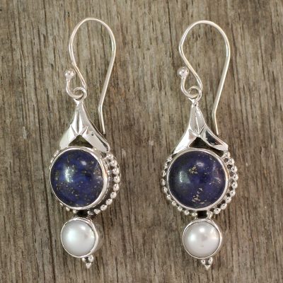 Pearl and lapis lazuli dangle earrings, 'Haryana Harmony' - Fair Trade Sterling Silver Pearl and Lapis Lazuli Earrings