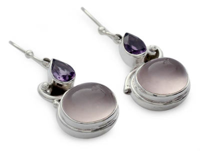 Amethyst and rose quartz dangle earrings, 'Mumbai Dawn' - Rose Quartz and Amethyst Earrings on Sterling Silver