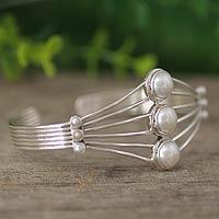 Pearl cuff bracelet, 'Promise by Moonlight' - Sterling Silver and Pearl Cuff Bracelet