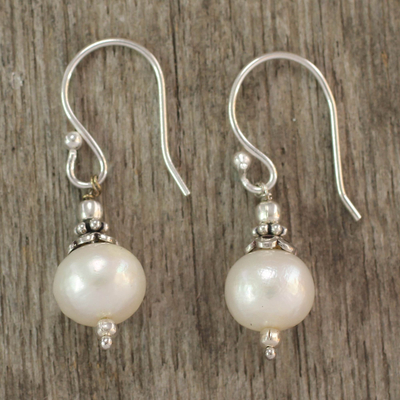 Pearl dangle earrings, 'Mumbai Moonlight' - Pearl dangle earrings