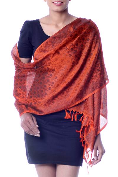 Banarasi silk shawl, 'Orange Noon' - Banarasi silk shawl