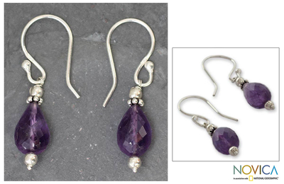 Amethyst dangle earrings, 'Jagannath Mystique' - Amethyst dangle earrings
