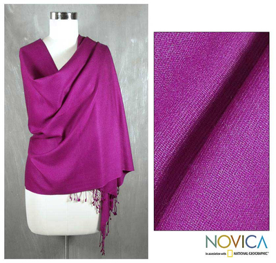 Wool and silk shawl, 'Mumbai Orchid' - Woven Purple Wool and Silk Shawl with Fringe from India