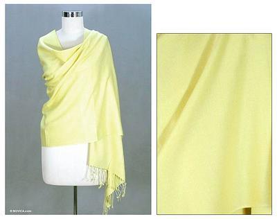 Wool and silk blend shawl, 'Yellow Fanfare' - Woven Wool and Silk Blend Shawl in Maize from India