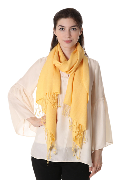 Wool and silk blend shawl, 'Yellow Fanfare' - Woven Wool and Silk Blend Shawl in Maize from India