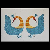 Gond painting, 'Graceful Peacocks' - Signed Indian Gond Painting on Paper of Two Peacocks