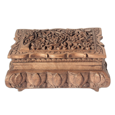 Walnut wood Jewellery box, 'Wildflowers' - Floral Wood Jewellery Box