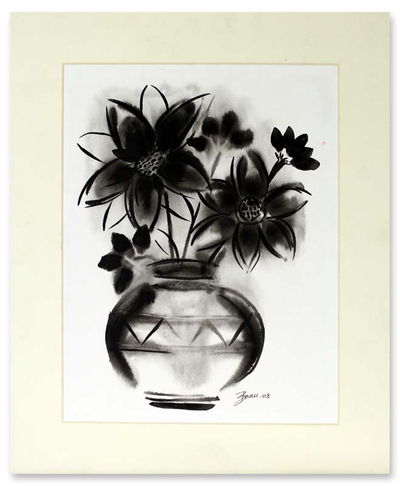 'Midnight Blossom' - Black and White Painting from India