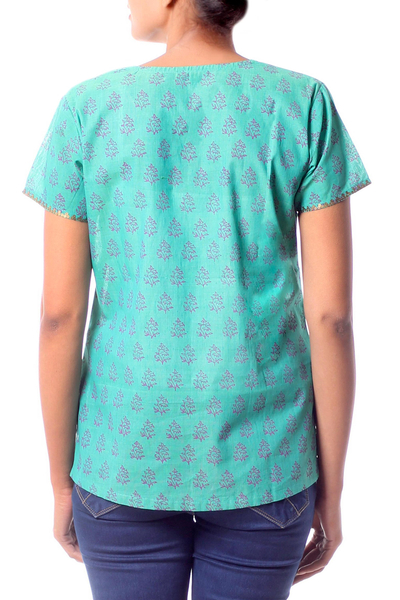 Túnica de algodón - Camisa túnica de algodón azul verde block print floral de india
