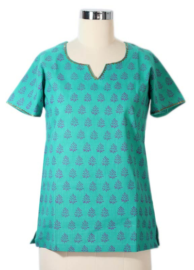 Baumwolltunika - Tunika-Hemd aus Baumwolle in Blaugrün mit Blockdruck und Blumenmuster von India