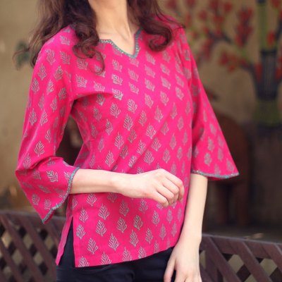Cotton tunic, 'Jaipur Belle' - Indian Floral Cotton Block Printed Tunic Top