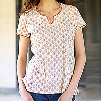 Cotton tunic, 'Gujurat Glow' - Handcrafted Floral Cotton Embroidered Tunic Top