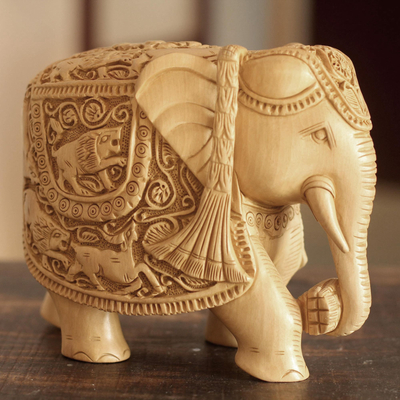 Wood sculpture, 'Elephant Goes Hunting' - Wood sculpture