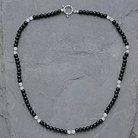 Onyx and moonstone beaded necklace, 'Majestic Night'