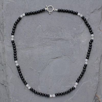 Onyx and moonstone beaded necklace, 'Majestic Night' - Onyx and moonstone beaded necklace
