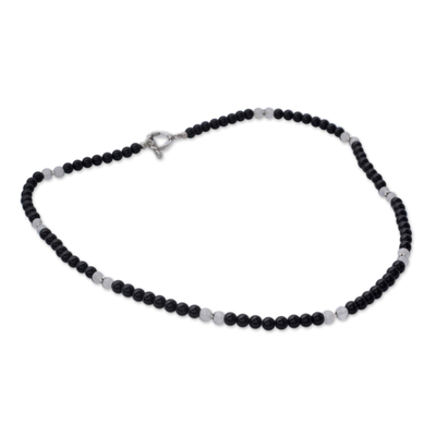 Onyx and moonstone beaded necklace, 'Majestic Night' - Onyx and moonstone beaded necklace