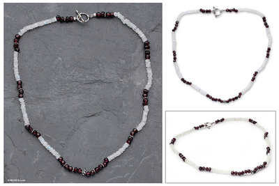 Rainbow moonstone and garnet beaded necklace, 'Orissa Harmony' - Rainbow Moonstone and garnet beaded necklace