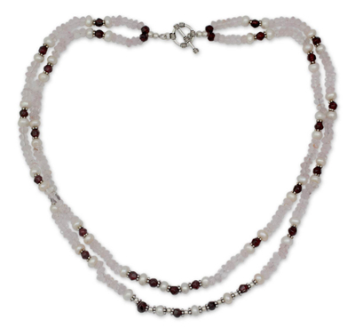 Rose quartz and garnet strand necklace, 'All About Love' - Rose quartz and garnet strand necklace