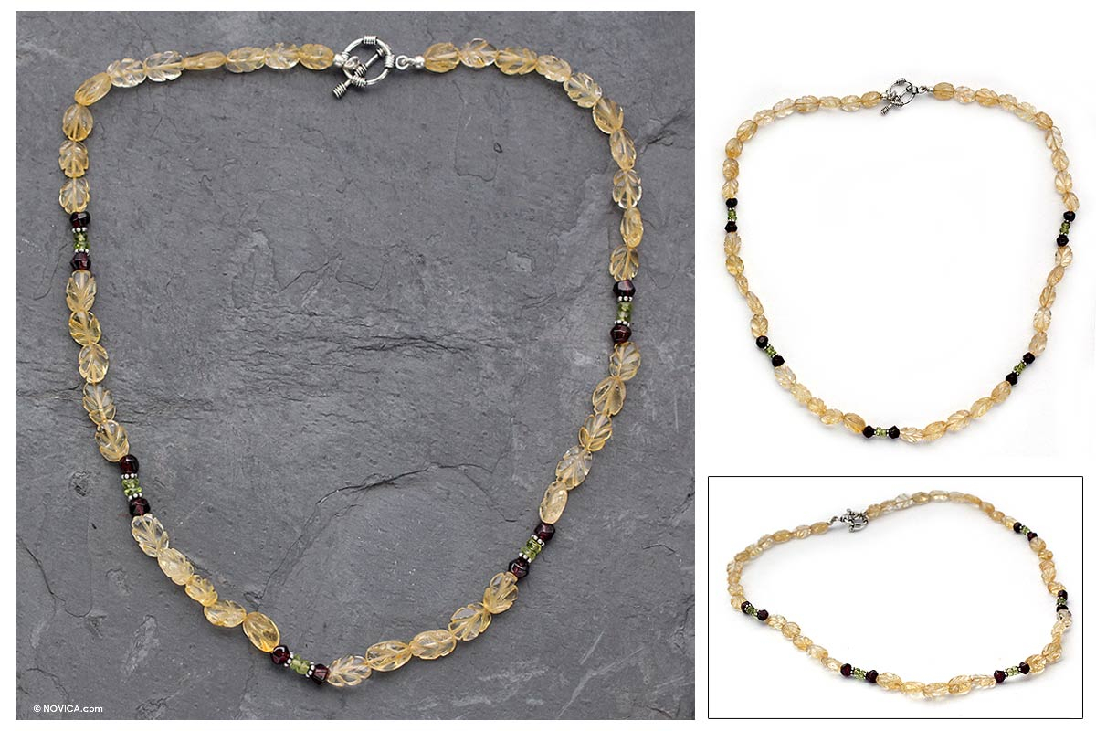 Citrine and garnet beaded necklace, 'Golden Autumn'