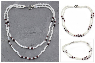 Rainbow moonstone and garnet beaded necklace, 'Rajasthan Dancer' - Rainbow Moonstone and garnet beaded necklace