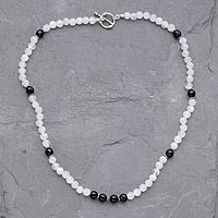 Rainbow moonstone and onyx beaded necklace, 'Kashmir Melody' - Rainbow Moonstone and Onyx beaded necklace