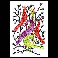 Gond painting, 'Peacock Family' - Gond painting