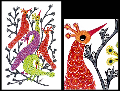 Gond painting, 'Peacock Family' - Gond painting