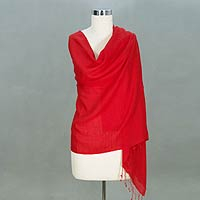 Wool and silk shawl, 'Kashmiri Scarlet' - Wool and silk shawl