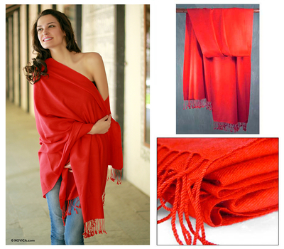 Wool and silk shawl, 'Attraction' - Wool Shawl Orange Red Wrap from India