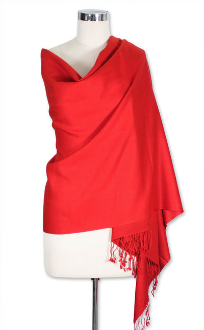 Wool and silk shawl, 'Attraction' - Wool Shawl Orange Red Wrap from India