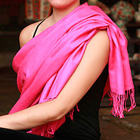 Wool and silk shawl, 'Hot Pink Paradise' - Wool and silk shawl