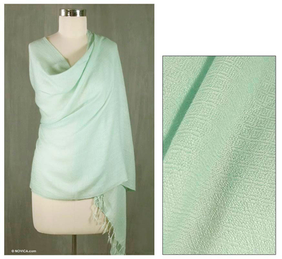 Wool and silk blend shawl, 'Aqua Mist' - Indian Wool Silk Blend Handwoven Shawl 
