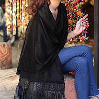 Wool and silk blend shawl, 'Trendy Black' - Wool and silk blend shawl