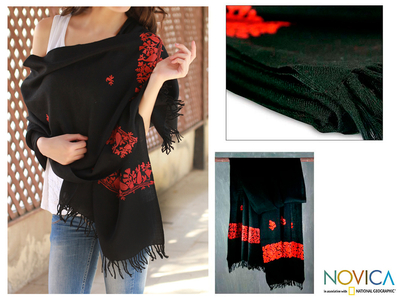 Wool shawl, 'Scarlet Seduction' - Handcrafted Wool Embroidered Shawl from India