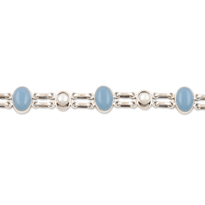 Gliederarmband aus Perlen und Chalcedon - Handgefertigtes Gliederarmband aus Sterlingsilber mit Chalcedon und Perlen