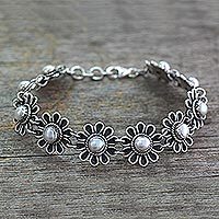 Pearl flower bracelet, 'Pristine Blossom' - Pearl and Silver Flower Bracelet