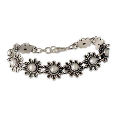 Pearl and Silver Flower Bracelet - Pristine Blossom | NOVICA