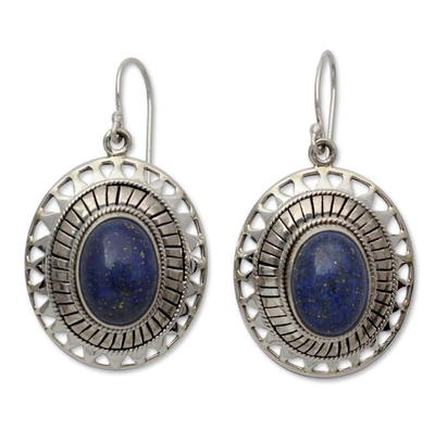 Lapis lazuli dangle earrings, 'Tribal Medallion' - Lapis Lazuli Earrings from India Silver Jewellery Collection
